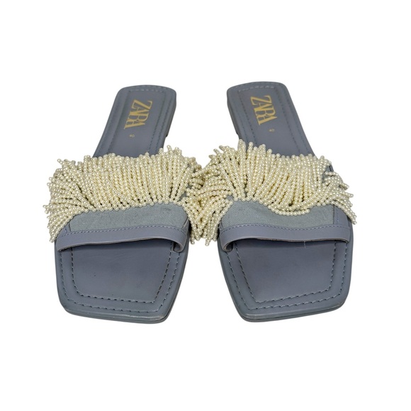 Zara Light Blue Pearl Beads Leather Slides Size 40/9.5 - Picture 1 of 8